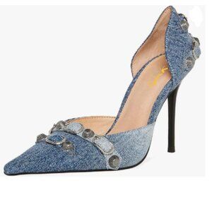 XYD Blue Denim High Heels Slip On Pointed Toe Textured Studs D'Orsay Pumps